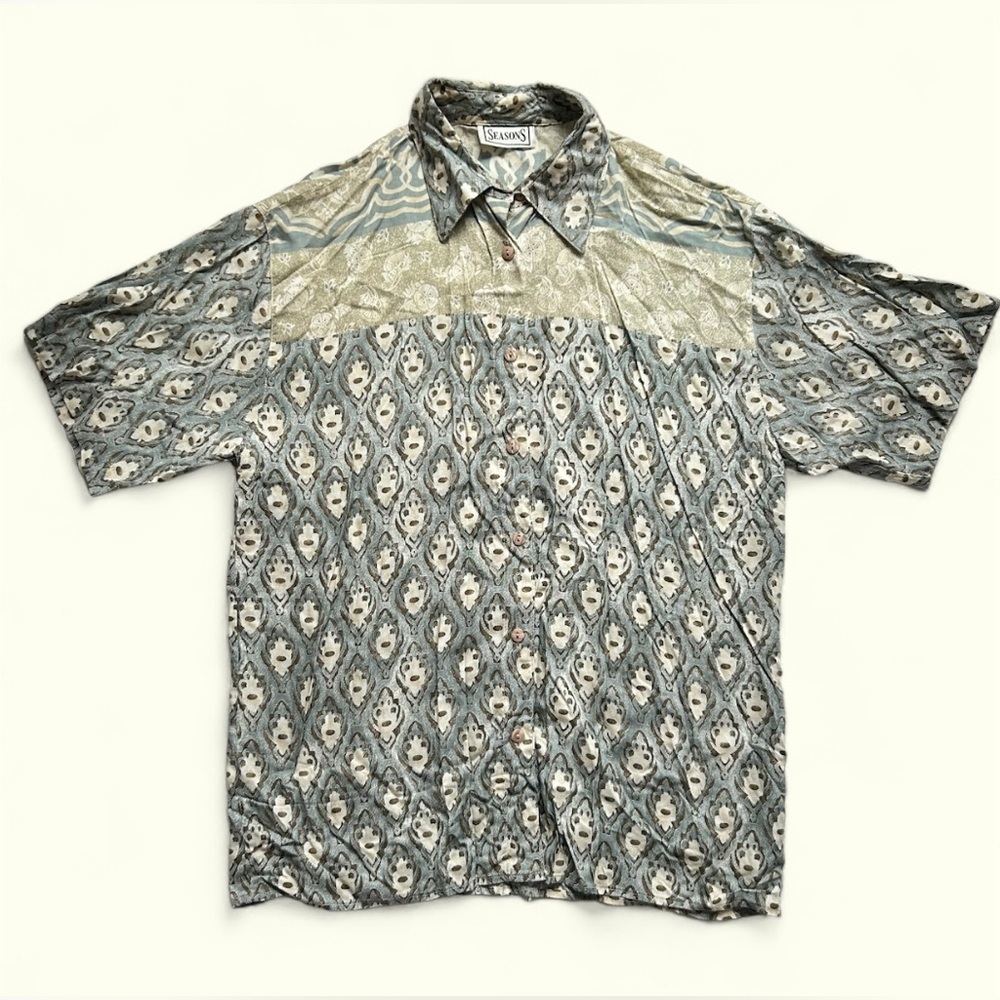 Vintage 90s Seasons Abstract AOP Short Sleeve Button Down Blouse Unisex